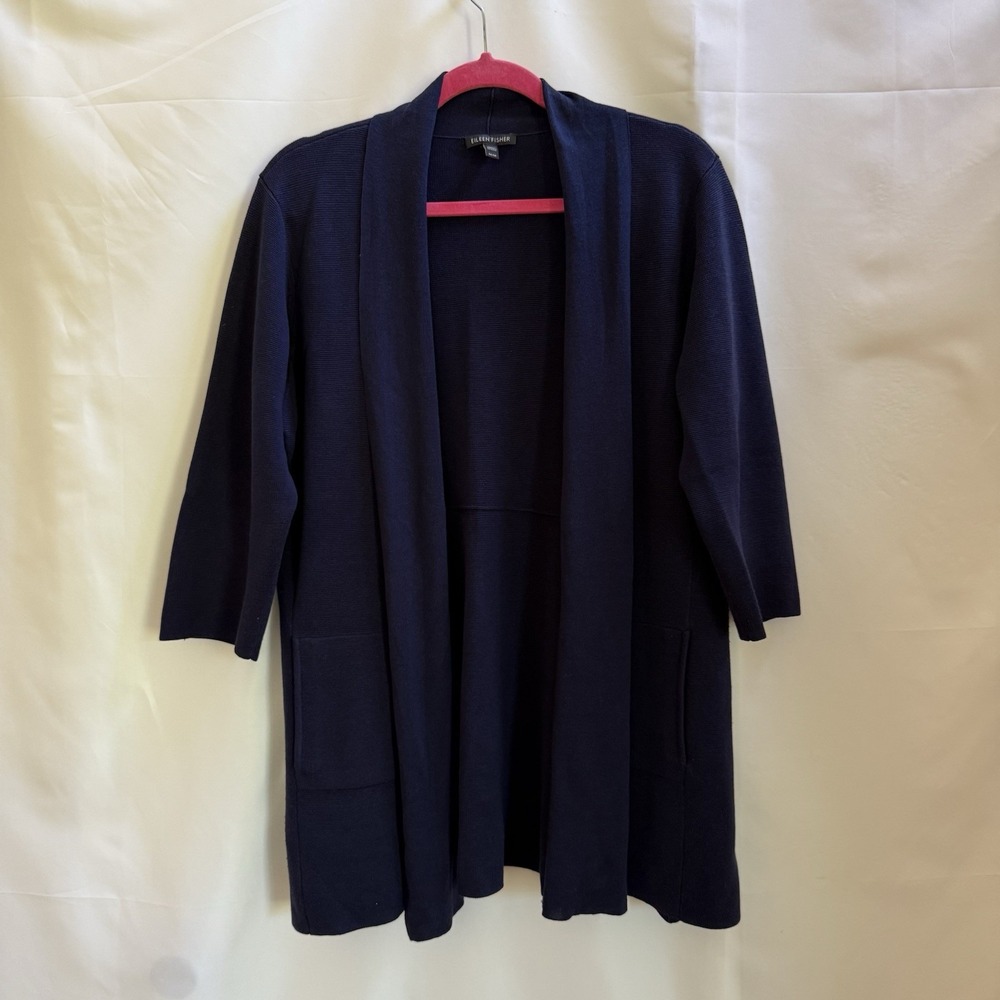 EILEEN FISHER Cardigan M Silk Organic Cotton Interlock Shawl Open Front Blue